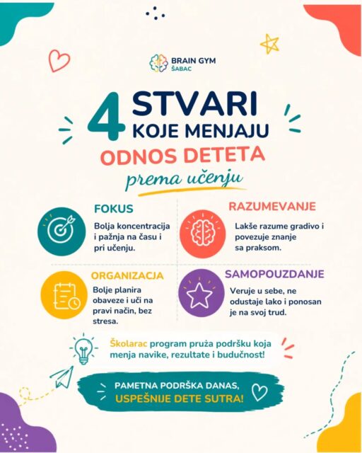 Pomoć deci od 1-4 razreda. Ako se vaše dete muči sa čitanjem pisanjem,matematikom,koncentracijom-tu smo 🤗
🎒Program ŠKOLARAC je osmišljen da dete vodi korak po korak do samostalnog zaključka koji način učenja mu najviše odgovara. Da spozna sebe i svoje potencijale.
Rad je u malim grupama ili individualno.
💌Pišite nam u DM ,pomognite svom detetu i olakšajte sebi.