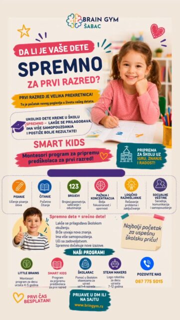 ❗Ne čekajte da prvi razred pokaže da li je dete spremno za školu🎒📚. Tada se mnogo teže ispravljaju posledice nedovoljne pripremljenosti.
📌Polazak u školu nije samo pitanje toga da li dete zna slova i brojeve. Važno je da bude spremno da prati uputstva, samostalno rešava zadatke, održava pažnju, izražava svoje misli, sarađuje sa drugima i sa sigurnošću napravi taj veliki korak.
⭐Priprema predškolaca upravo tome služi.
Kroz igru, vežbe i pažljivo osmišljene aktivnosti dete razvija znanja i veštine koje će mu olakšati prve školske dane – ali i ono najvažnije: samopouzdanje i osećaj da može.
⚡PRIPREMA NIJE VAŽNA SAMO ZA DETE...Roditeljima daje mogućnost da na vreme prepoznaju šta je detetu već lako, a gde mu je potrebna dodatna podrška, kako bi polazak u školu dočekali mirnije i sigurnije.
Pomozite detetu da u školu zakorači sigurno, samostalno i sa osmehom.
📩 Javite nam se i rezervišite mesto za pripremu predškolaca.