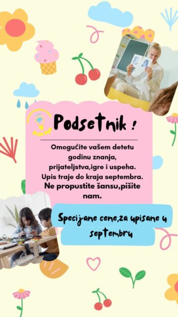 📌Naši programi:
🎨LIITLE BRINS-program za decu od 4-5g.
📚PRIPREMA PREDŠKOLACA
🎒ŠKOLARAC- pomoć u učenju od 1-4 razreda.
🤖ROBOTIKA-za decu od 7-12g.
 
🌟Ne propustite priliku da olakšate vašem detetu i sebi dalje školovanje🌟