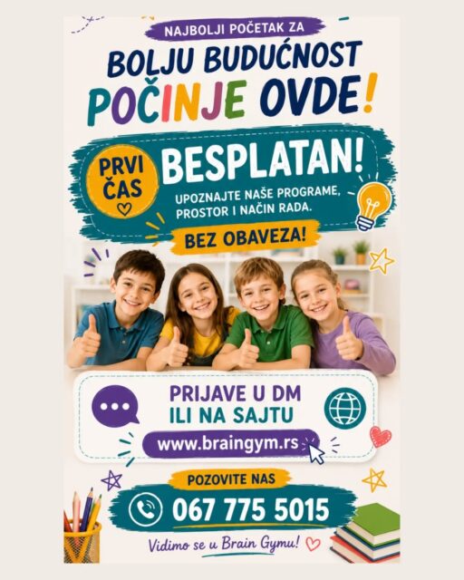 Naši programi:
🌟SMART KIDS- najpotpuniji program za predškolce
🌟LIITLE BRAINS-program za decu od 4-5g 
🌟ŠKOLARAC- program za pomoć u učenju od 1-4 razreda 
🌟STEAM MAKERS- robotika i inženjerstvo za decu od 7-12g 
Prijavite vaše dete i iskoristite mesečnu cenu od 3500din,do kraja školske godine🤗
